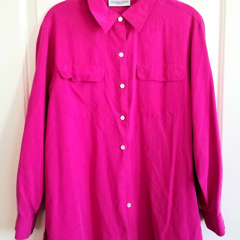 Amanda Smith Silk Bright Pink Button Up Blouse Med